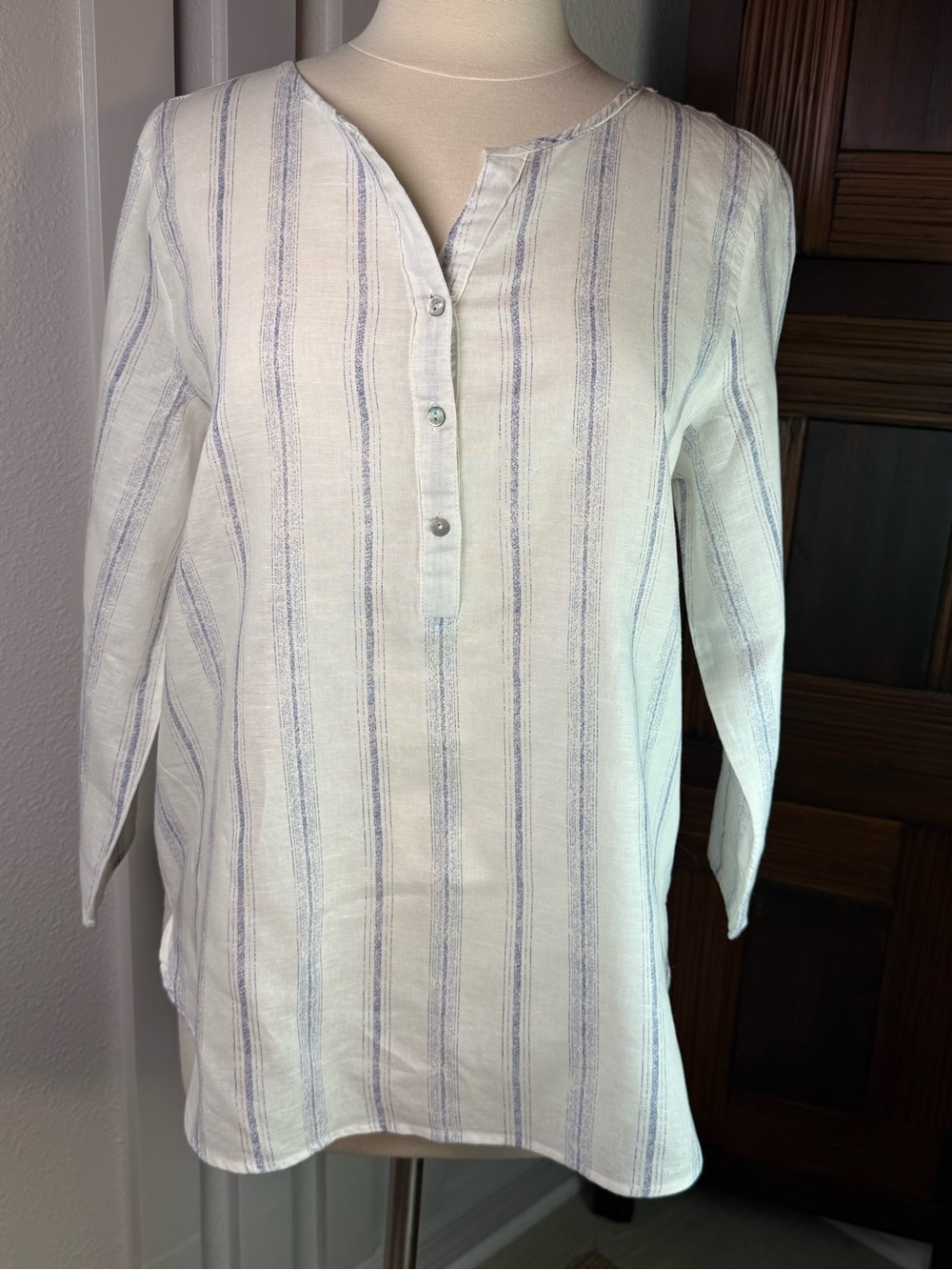 Hester & Orchard Linen Cotton Tunic Blouse L Blue White Stripe Coastal - Picture 2 of 11